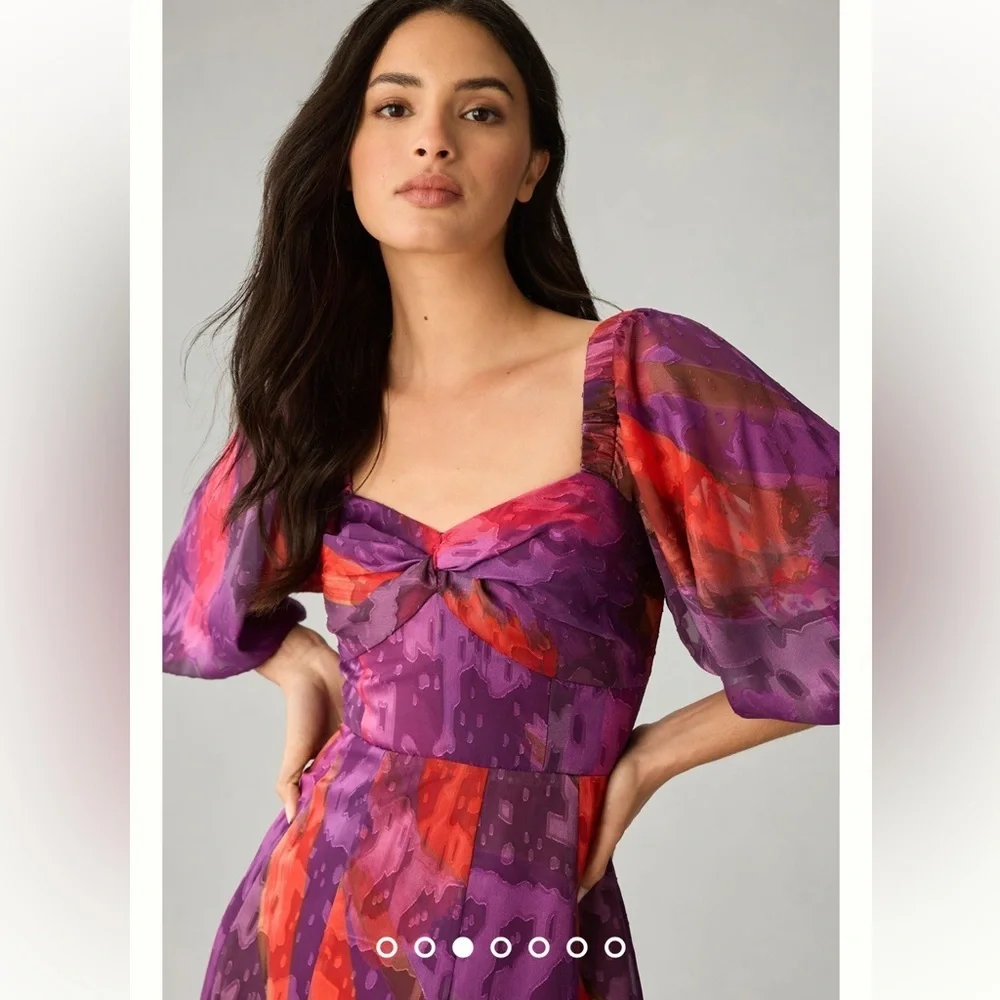 Anthropologie NWT Hutch Printed Twist-Front Puff-Sleeve Ruffle-Hem Dress XSP - Picture 4 of 16